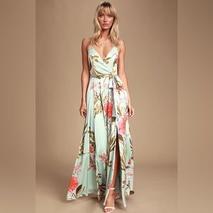 Lulus Sage Green Floral Print Satin Maxi Dress